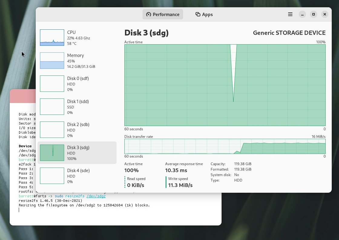 a screenshot of GNOME Mission Control watching my slow-ass SD card reader from the mid 2000s!